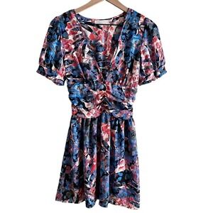 Urban‎ Outfitters Emmy Ruched Floral Mini Dress in Blue and Red, Size Small